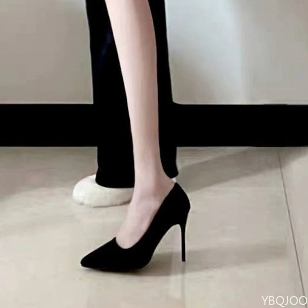 Elegant Black Suede Pointed Toe High Heels Shallow Cut Pumps 10