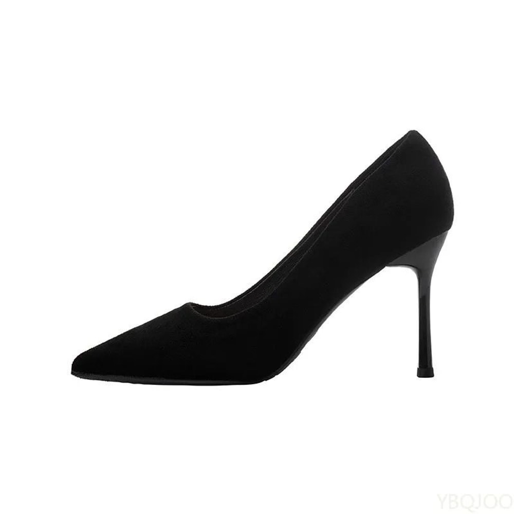 Elegant Black Suede Pointed Toe High Heels Shallow Cut Pumps 5