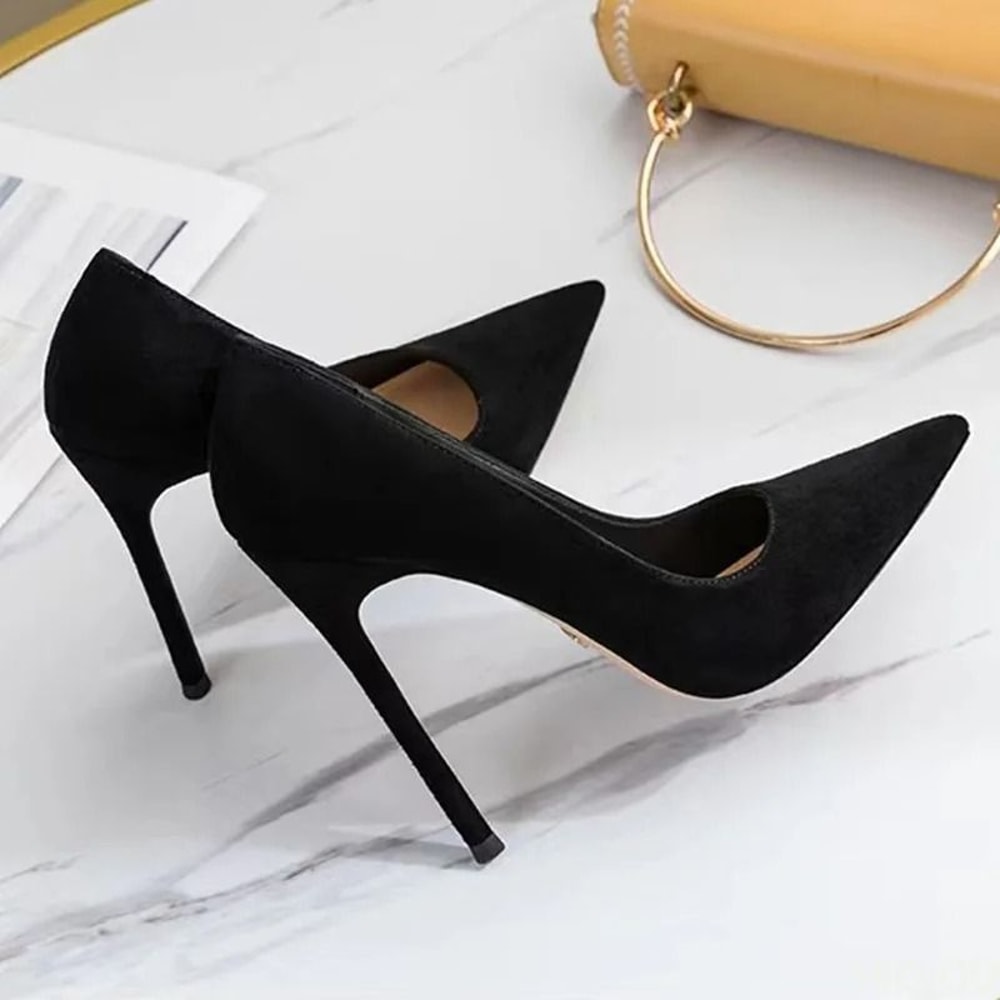 Elegant Black Suede Pointed Toe High Heels Shallow Cut Pumps 6