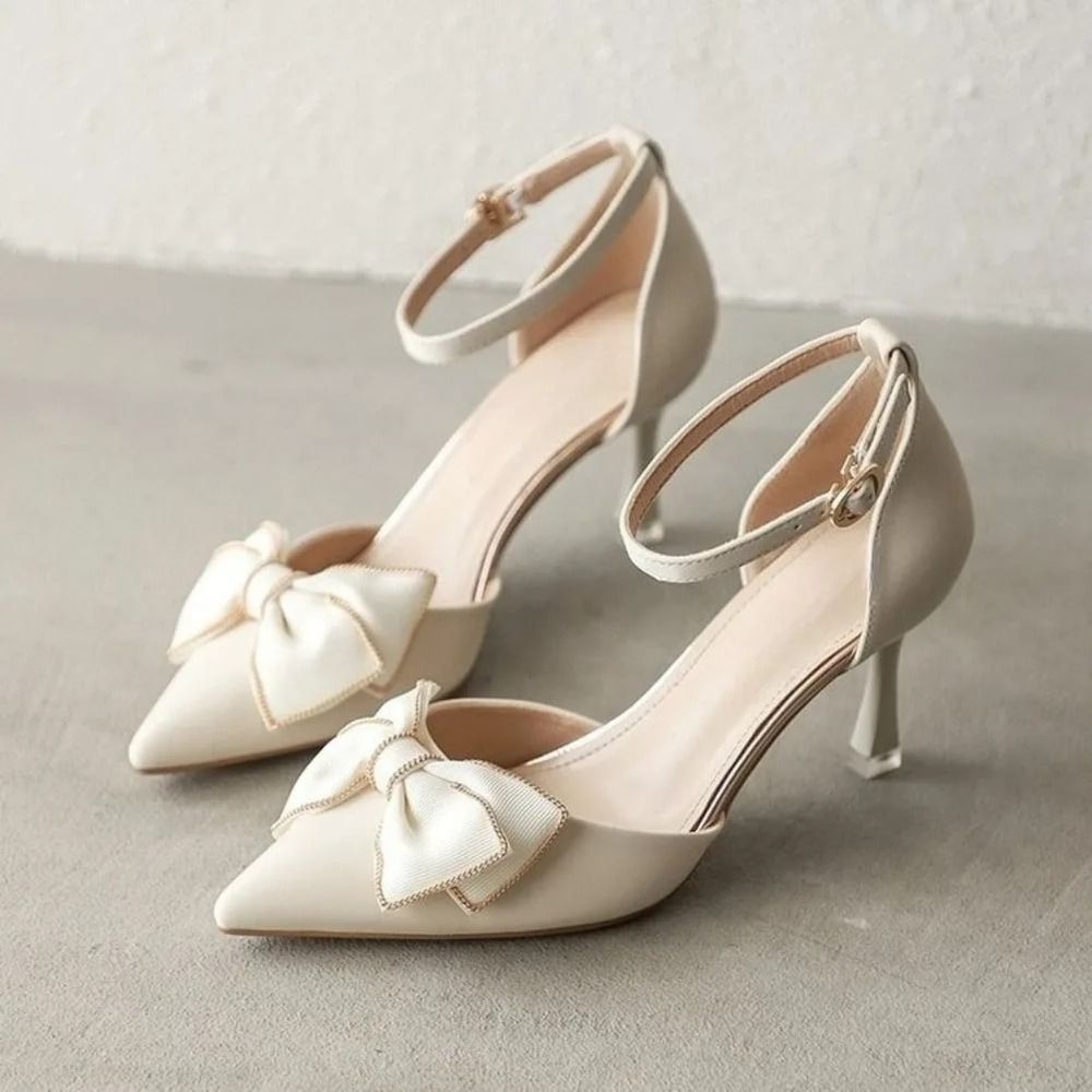 Elegant White Pointed Toe Butterfly Heels Medium Stiletto Wedding Pumps 1