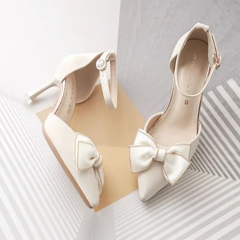 Elegant White Pointed Toe Butterfly Heels Medium Stiletto Wedding Pumps 4