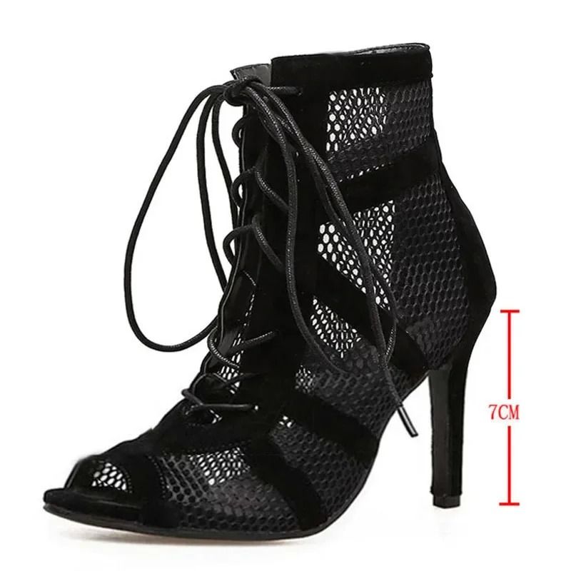 Black Lace Up Open Toe Stiletto Dance Sandals For Women 1