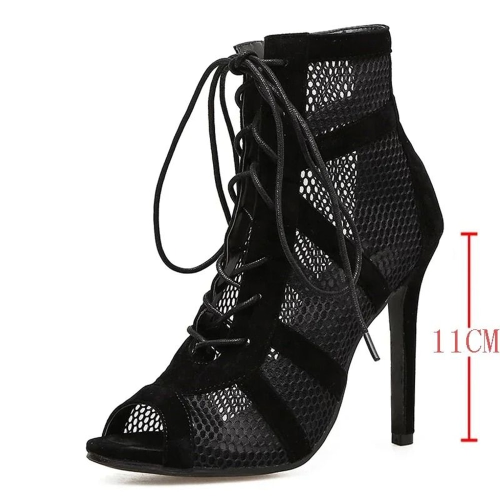 Black Lace Up Open Toe Stiletto Dance Sandals For Women 2