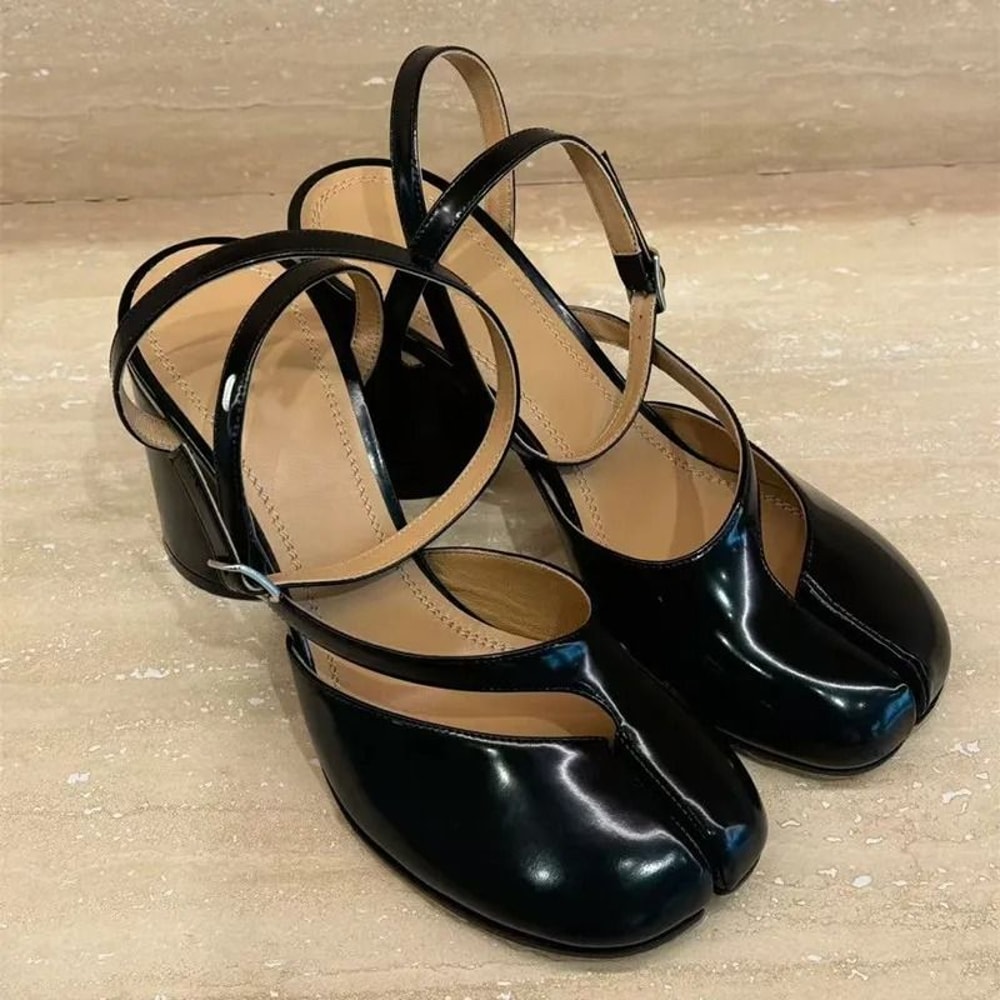 Patent Leather Split Toe Slingback Chunky Heels For Women 2