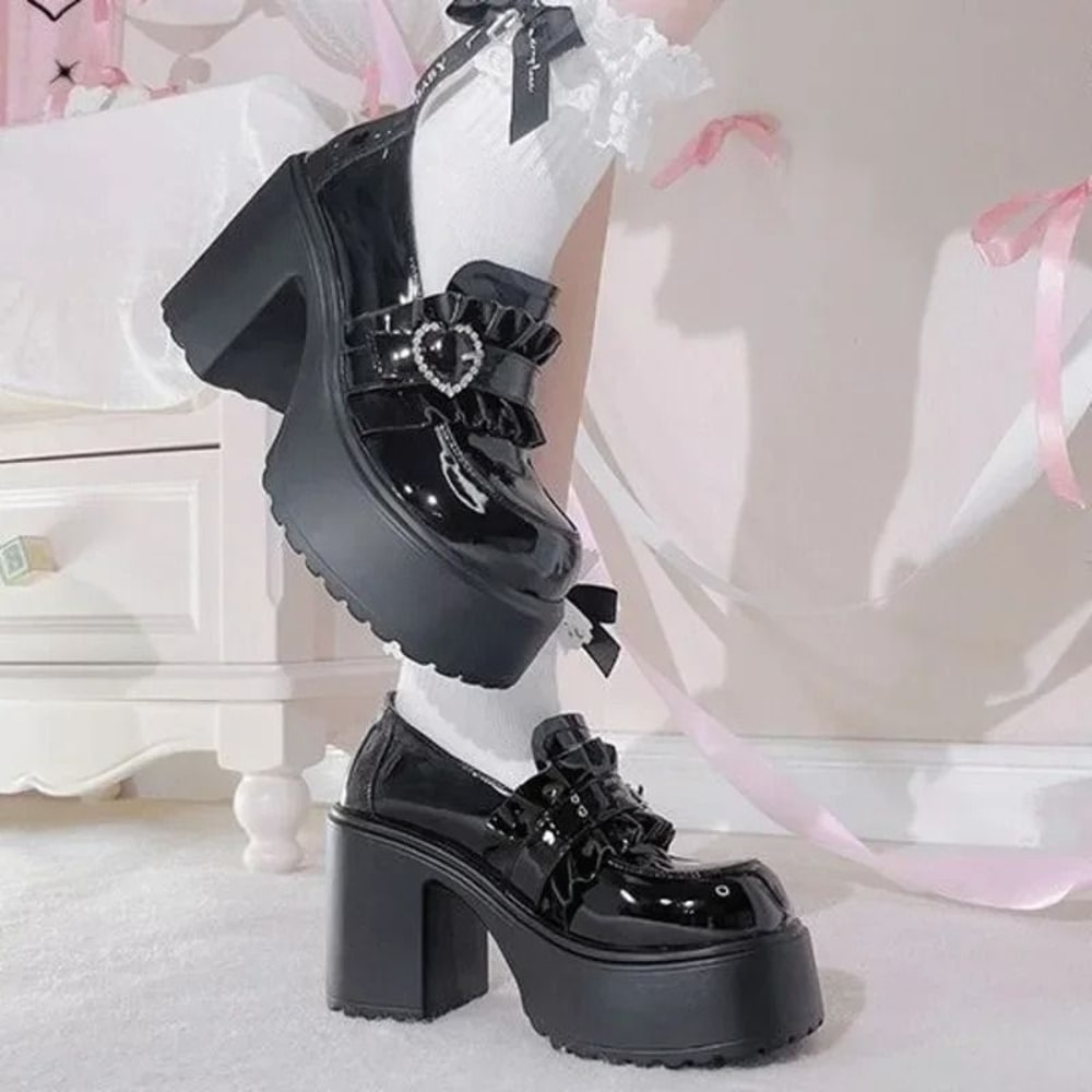 Sweet Heart Buckle Lolita Platform Mary Jane Heels For Women 6