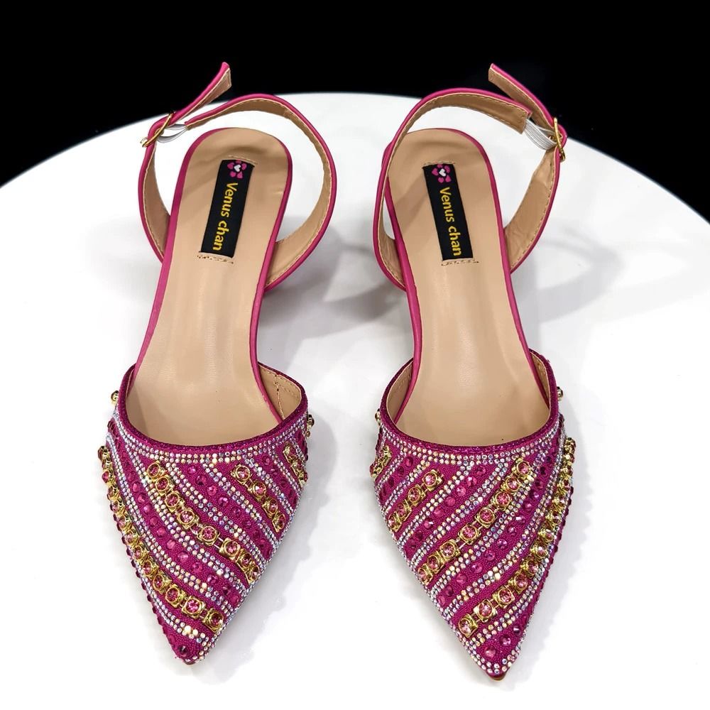 Fuchsia Rhinestone Pointed Toe Heel And Matching Bag Set For Women 11