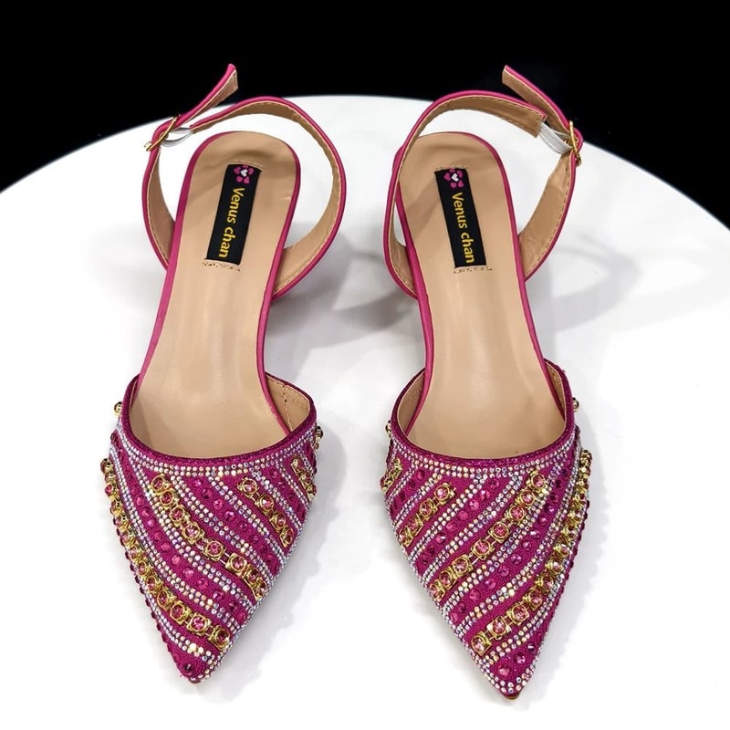 Fuchsia Rhinestone Pointed Toe Heel And Matching Bag Set For Women 11