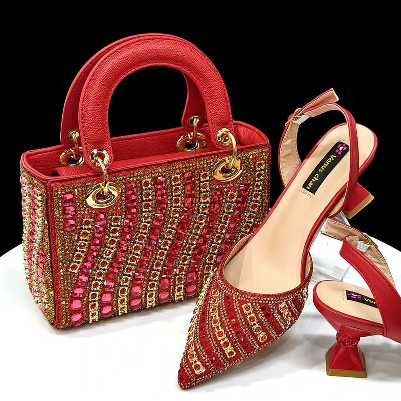 Fuchsia Rhinestone Pointed Toe Heel And Matching Bag Set For Women 3