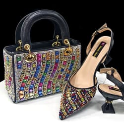 fuchsia rhinestone pointed toe heel and matching bag set for women