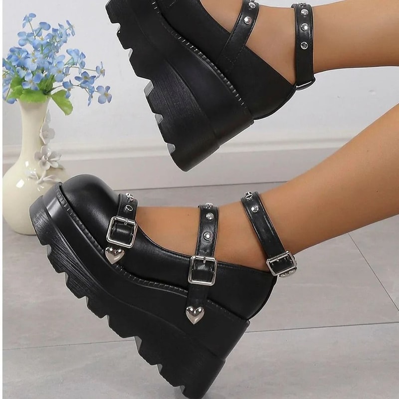 Midnight Rebel Studded Mary Jane Platform Heels 4
