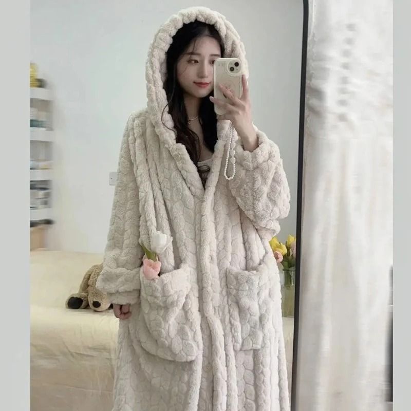 Womens Fleece Nightgown Hooded Winter One Piece Pajama Dress 2