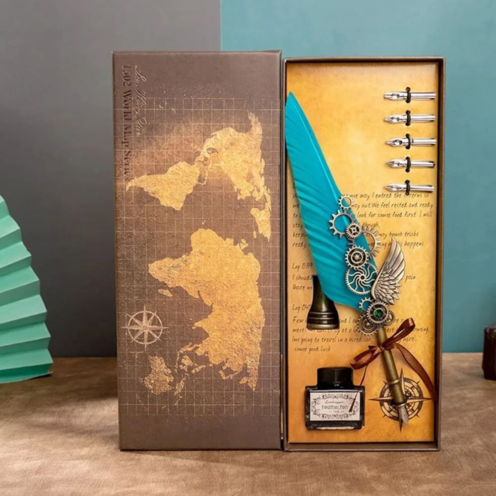 Antique Feather Dip Pen Calligraphy Quill Pen Set With Mechanical Wing Base 7