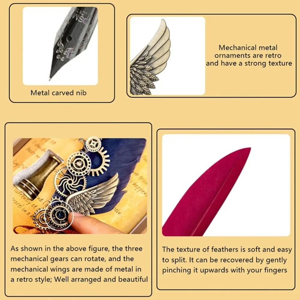 Antique Feather Dip Pen Calligraphy Quill Pen Set With Mechanical Wing Base 22