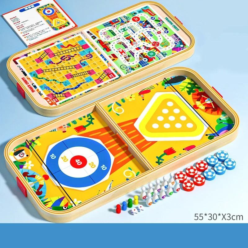 Wooden Multi Game Board Set Bounce Chess Hockey And Bowling Family Game 1