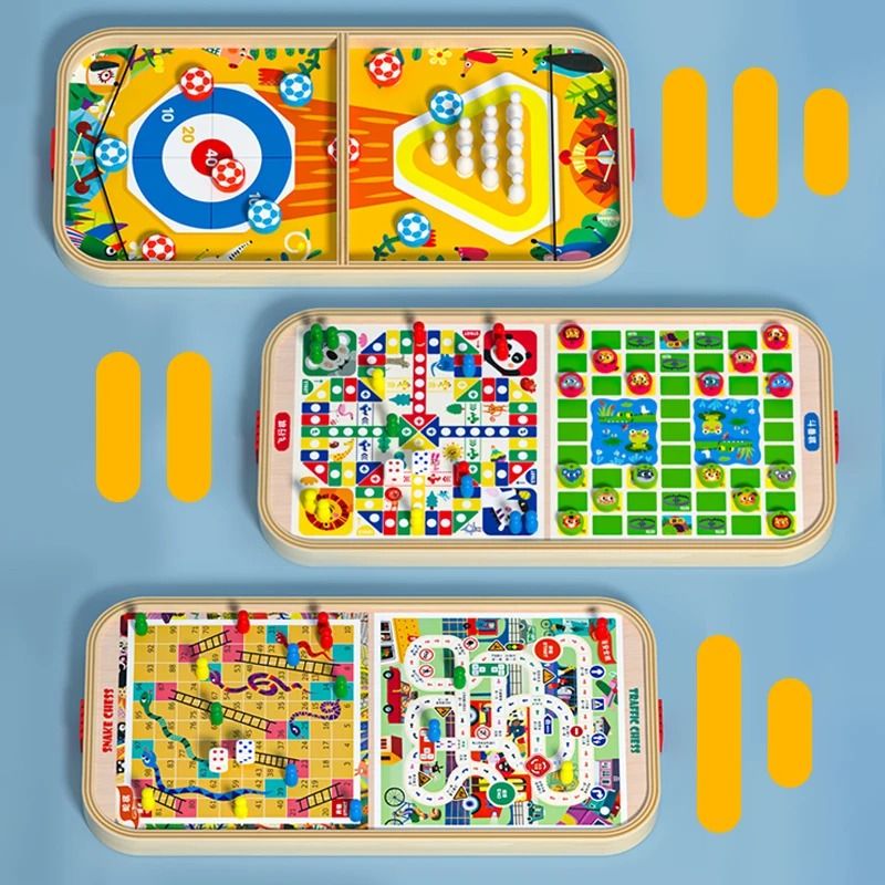 Wooden Multi Game Board Set Bounce Chess Hockey And Bowling Family Game 0