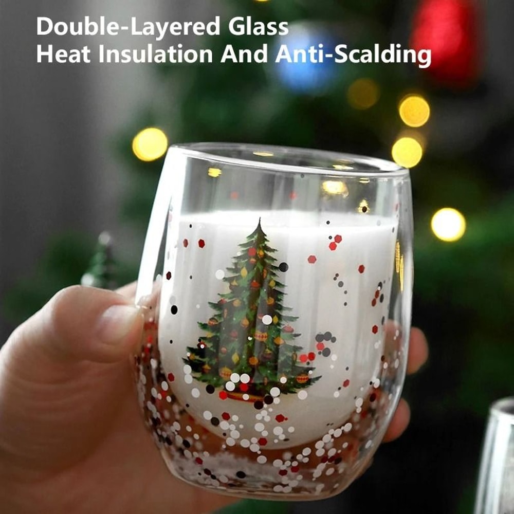 Double Wall Christmas Glass Mug Heat Resistant Holiday Coffee Cup 6