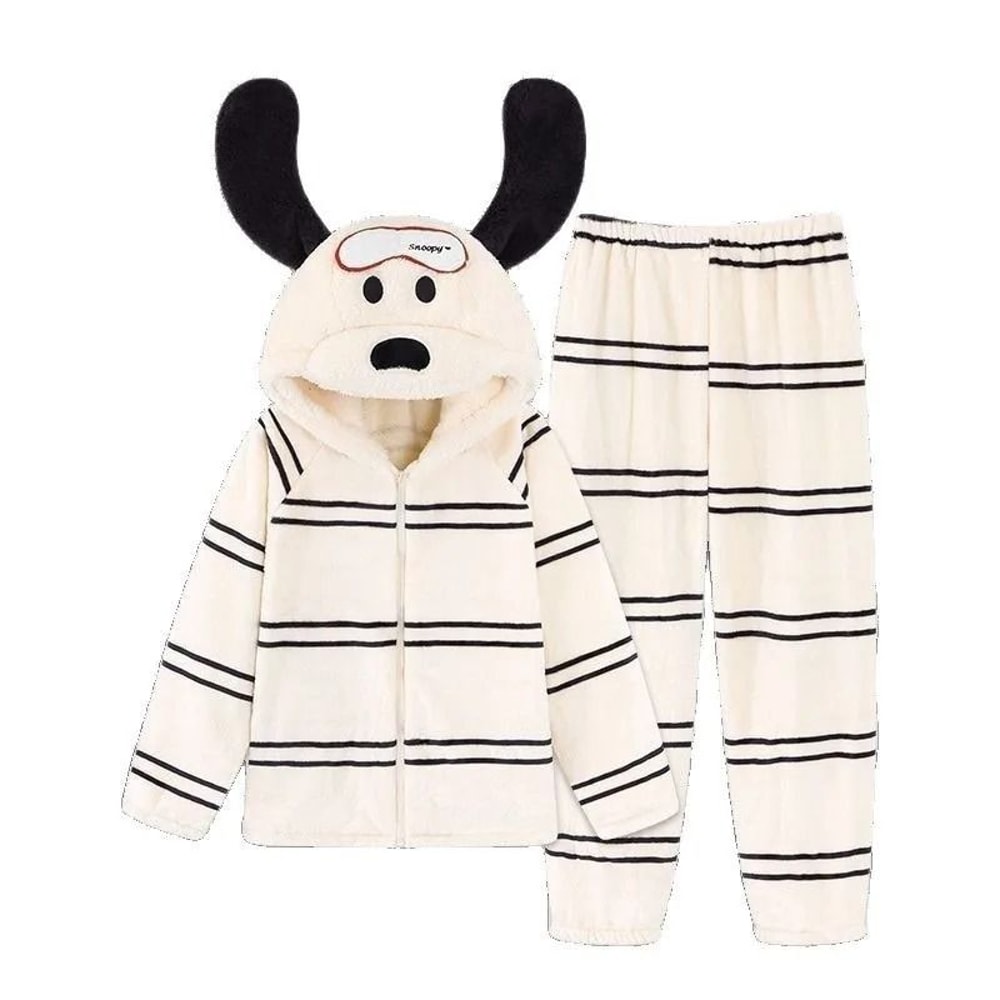 Womens Cartoon Puppy Hooded Coral Fleece Pajama Set Warm Winter Loungewear 2