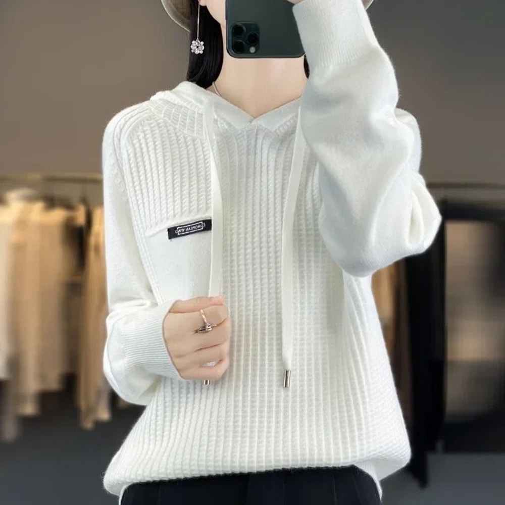 Korean Style Loose Fit Knitted Hoodie Women Cozy Spring To Winter Pullover 0