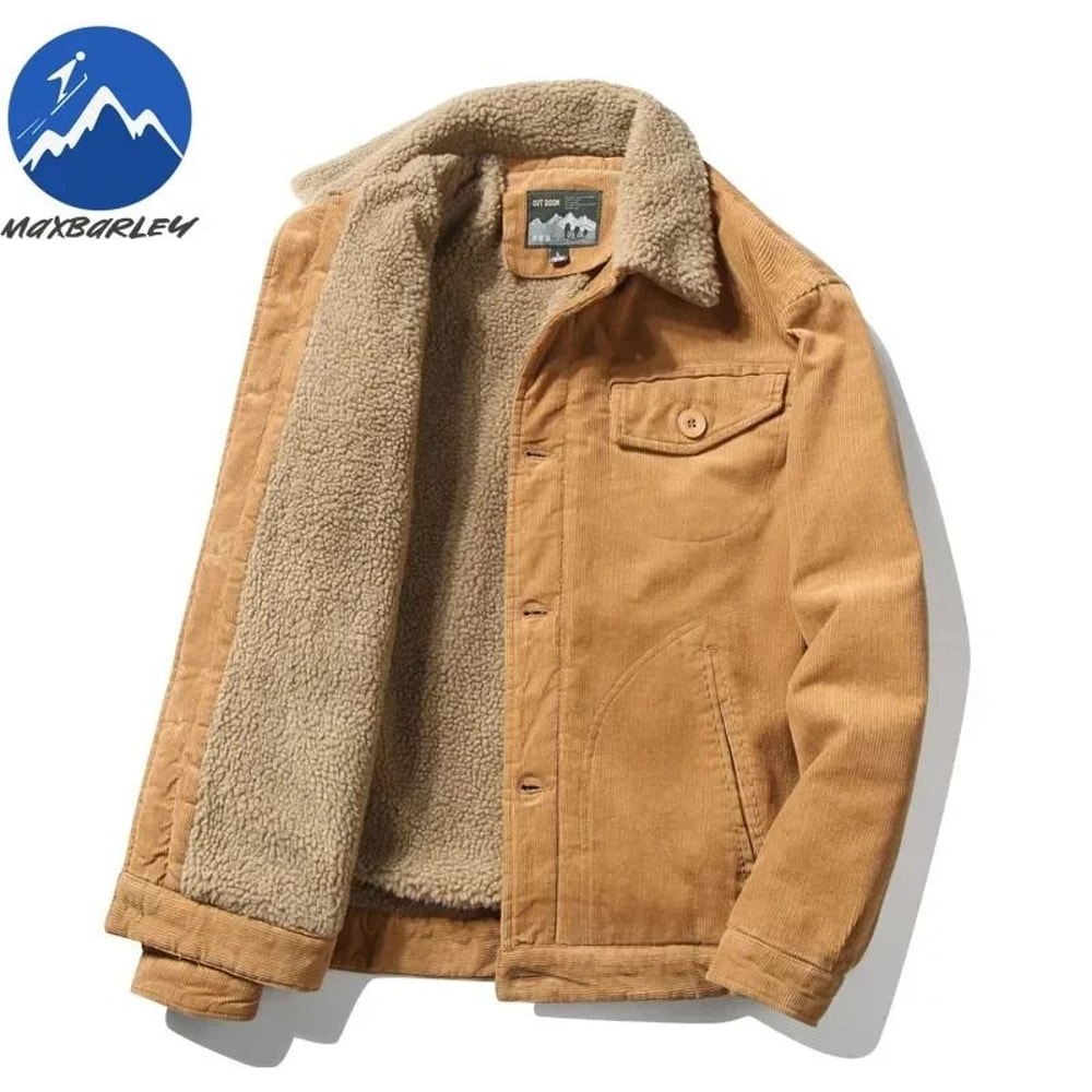 Mens Winter Corduroy Parka Plus Velvet Cotton Jacket Korean Casual Style 3