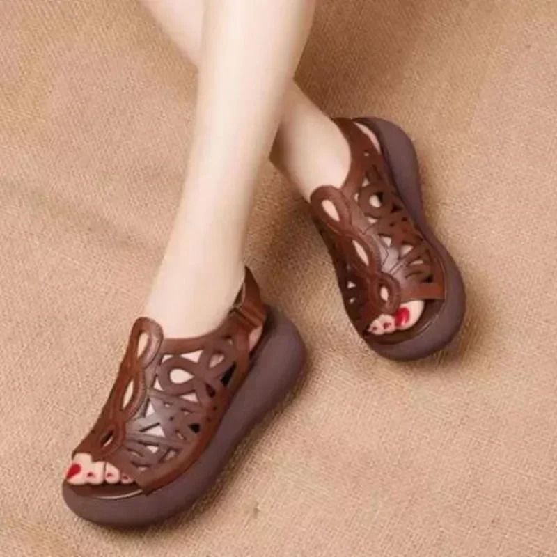 Designer Soft Leather Wedge Sandals For Women Retro Summer Heels 1