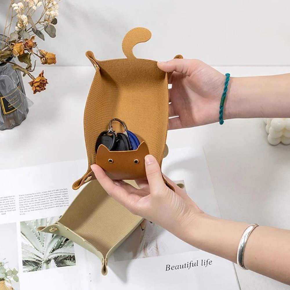 PU Leather Cat Shape Storage Tray Desktop Jewelry Organizer 9