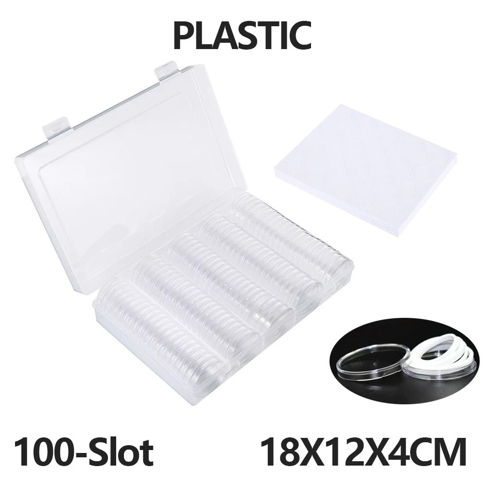 100 Piece Clear Coin Capsule Storage Box Set With Adjustable Pads 1