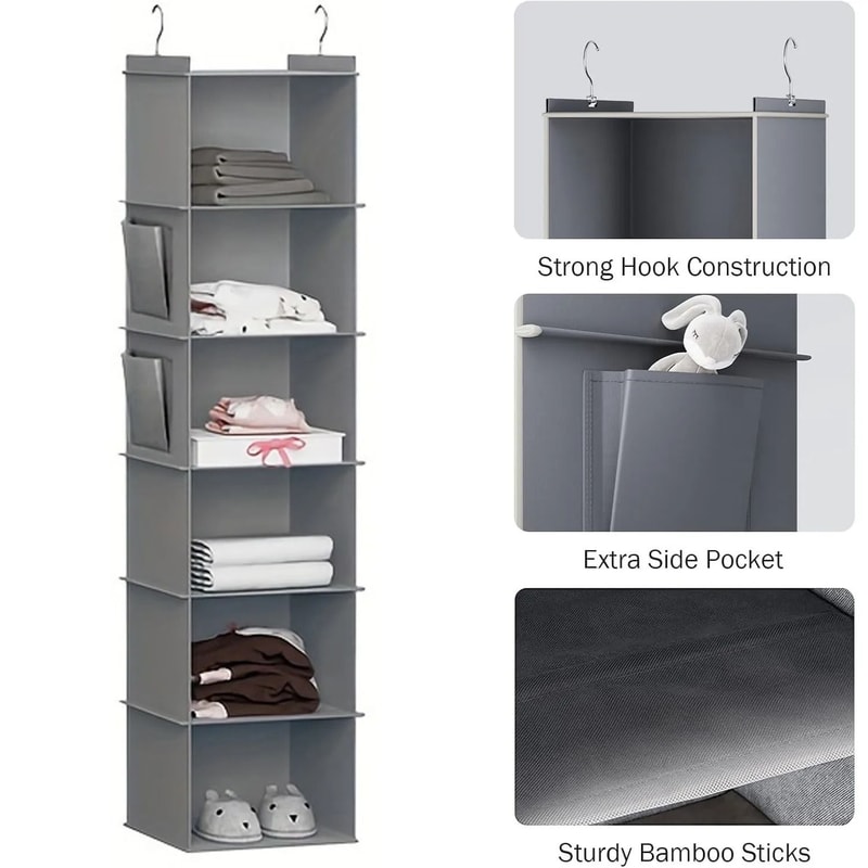 Foldable 6 Shelf Hanging Closet Organizer With Hooks 0