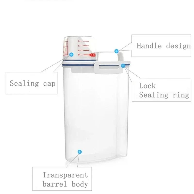 2KG Transparent Airtight Rice Storage Bucket With Measuring Cup 1
