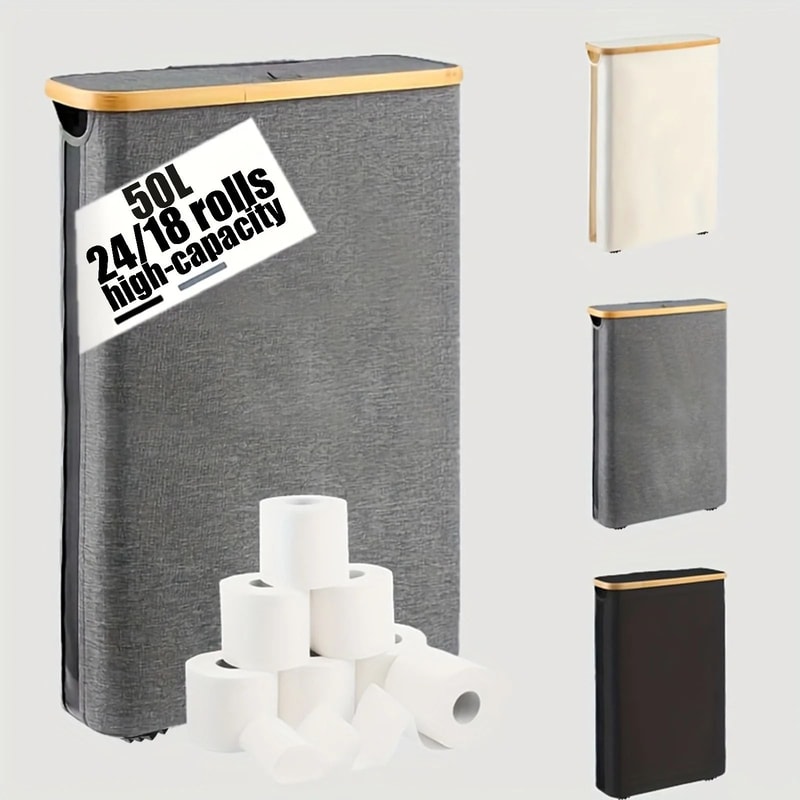 Foldable Bamboo Toilet Paper Storage Box With Anti Slip Base 3