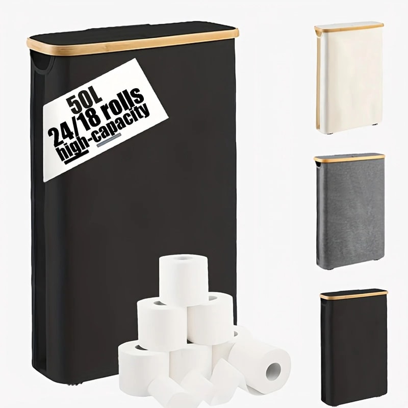 Foldable Bamboo Toilet Paper Storage Box With Anti Slip Base 1