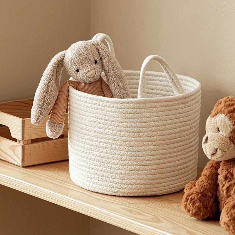 Solid White Cotton Rope Laundry Basket For Toys And Home Storage 5