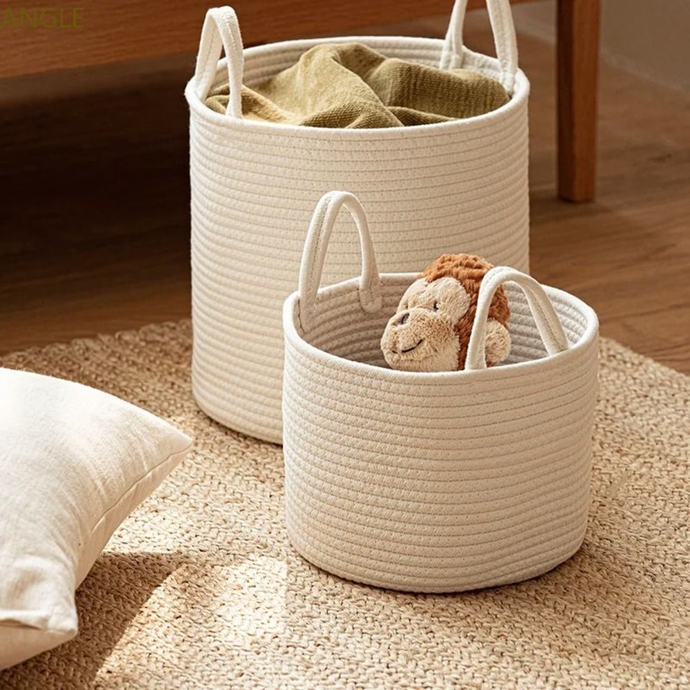 Solid White Cotton Rope Laundry Basket For Toys And Home Storage 7