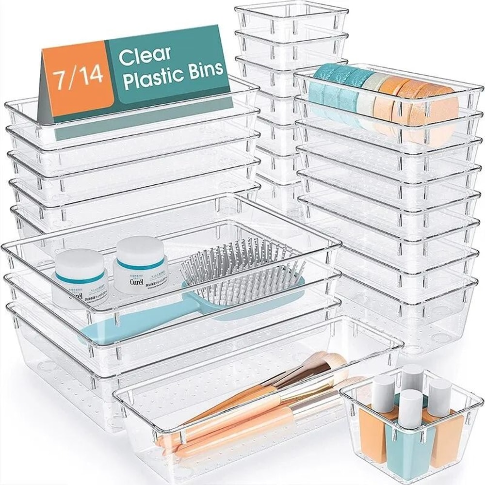 7 Or 14 Piece Clear Drawer Organizer Set Plastic Desk And Dresser Dividers 0