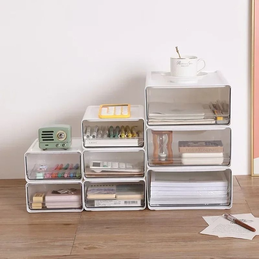 Transparent Desktop Storage Drawer Cabinet Stackable File Organizer 0