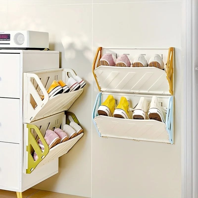 Wall Mounted Foldable Shoe Rack With Hidden Storage Shelf 0