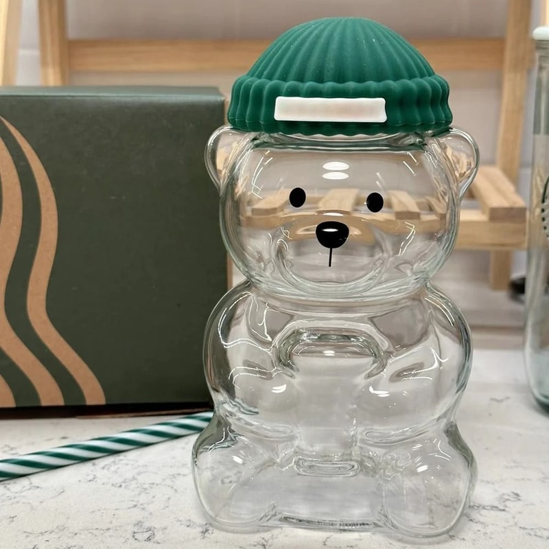 500ml Cute Bear Shaped Coffee Mug Glass Cup With Straw 4