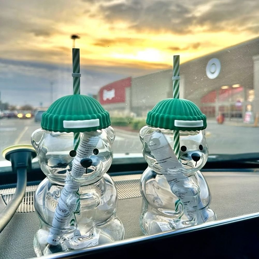 500ml Cute Bear Shaped Coffee Mug Glass Cup With Straw 0