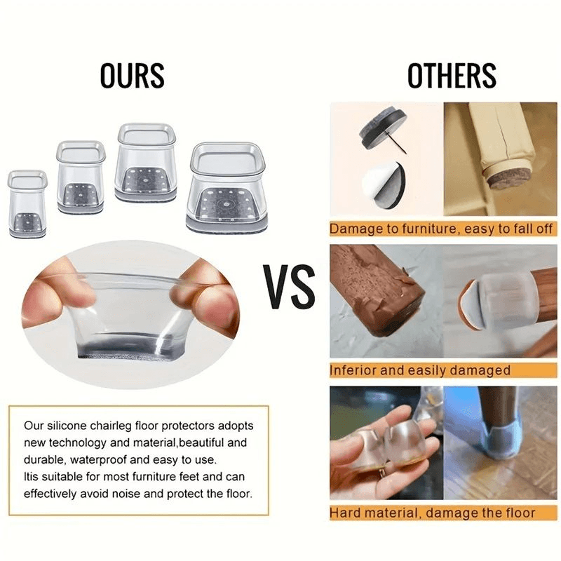 Square Silicone Furniture Pads ScratchResistant Chair Leg Floor Protectors 4