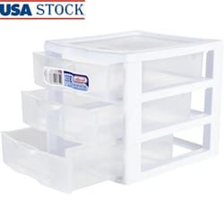 small 3 drawer plastic storage unit with clear front drawers