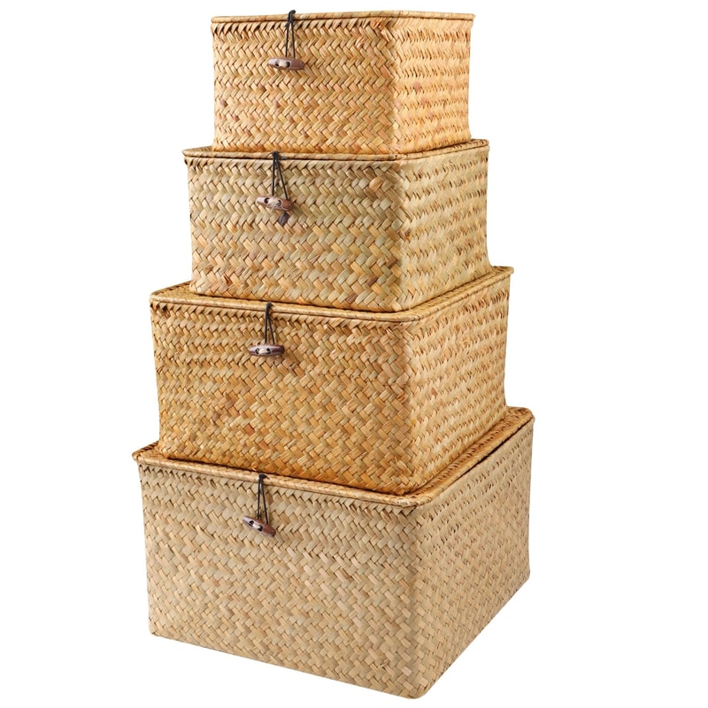 Set Of 4 Seagrass Wicker Storage Baskets With Lids 0