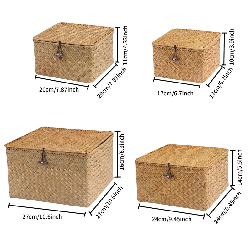 Set Of 4 Seagrass Wicker Storage Baskets With Lids 3