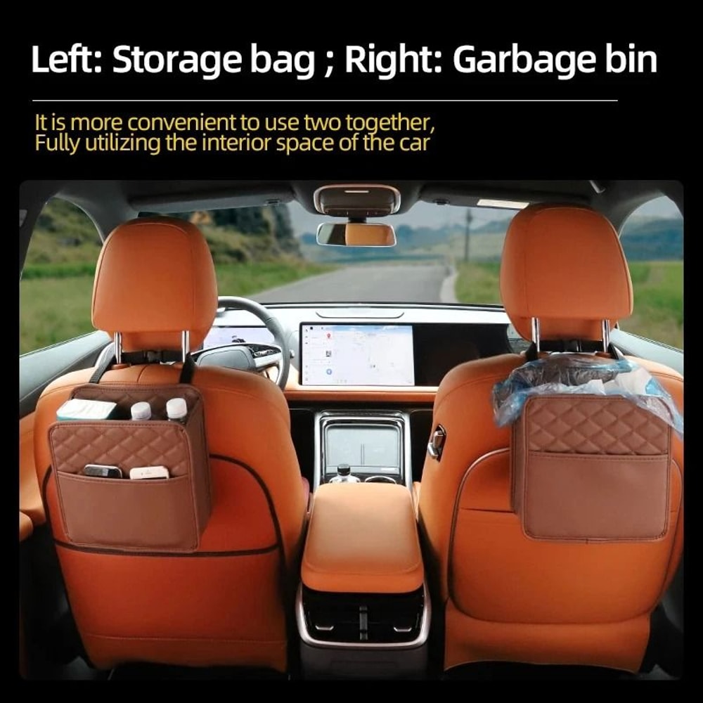 Multifunctional Leather Car Seat Storage And Trash Bag Organizer 2