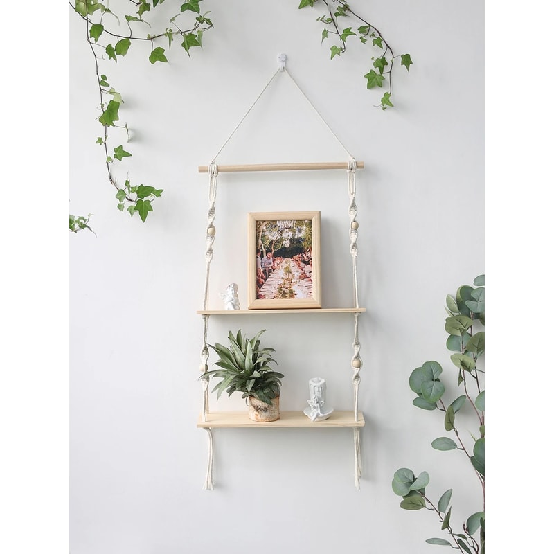 Boho Macrame Wall Hanging Floating Wood Shelf 3