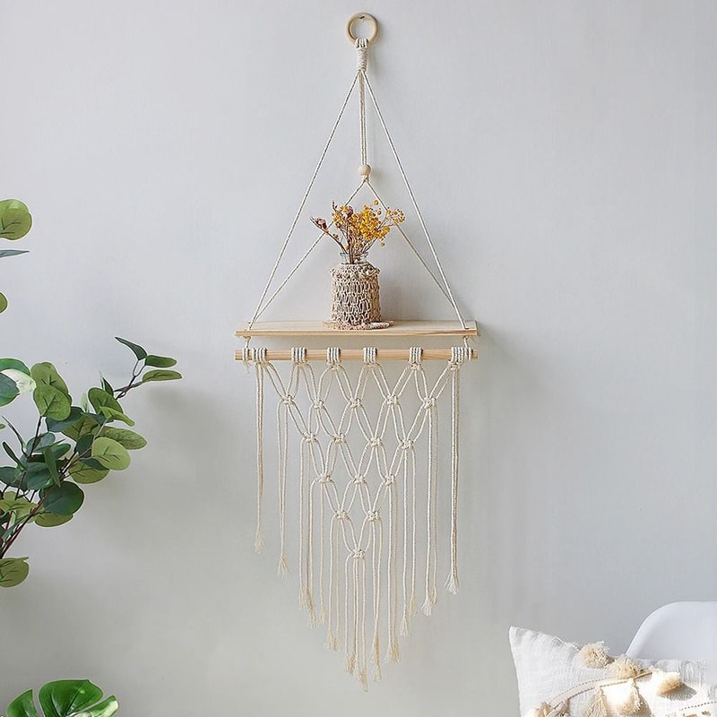 Boho Macrame Wall Hanging Floating Wood Shelf 4