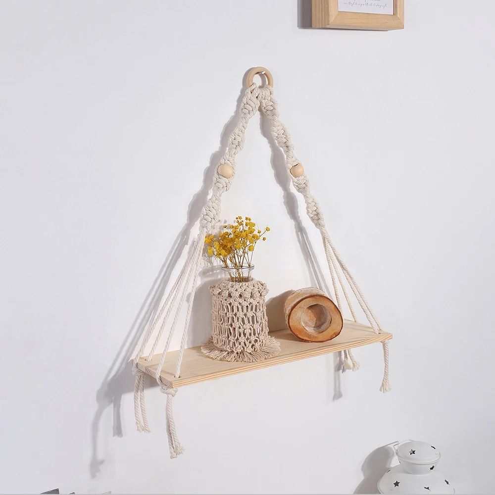 Boho Macrame Wall Hanging Floating Wood Shelf 8