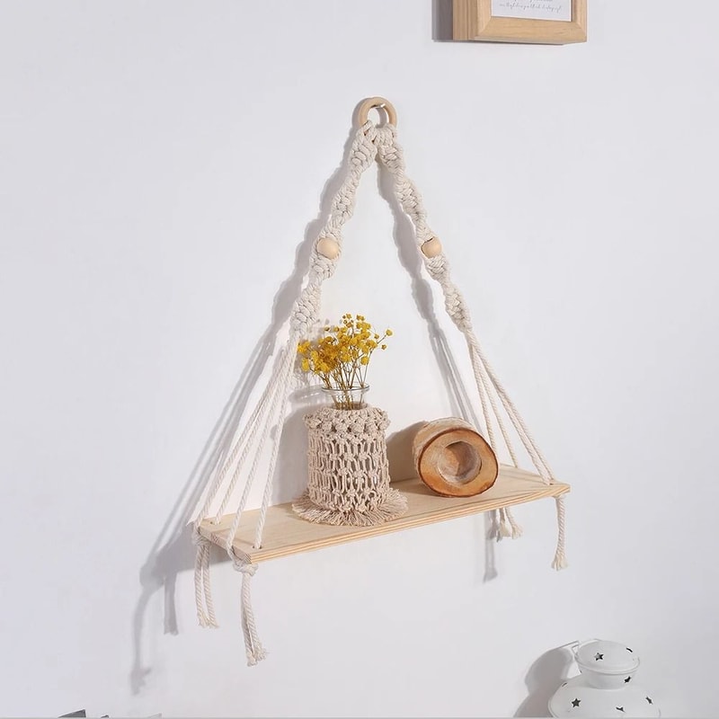 Boho Macrame Wall Hanging Floating Wood Shelf 8