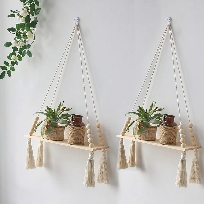 Boho Macrame Wall Hanging Floating Wood Shelf 13