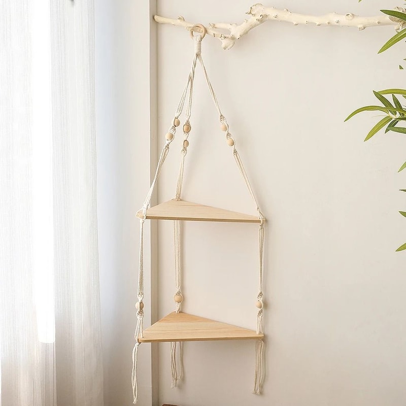Boho Macrame Wall Hanging Floating Wood Shelf 5