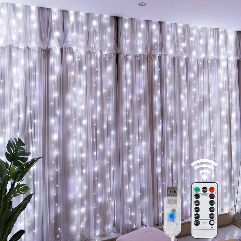 USB LED Curtain String Lights With Remote 8 Lighting Modes 0