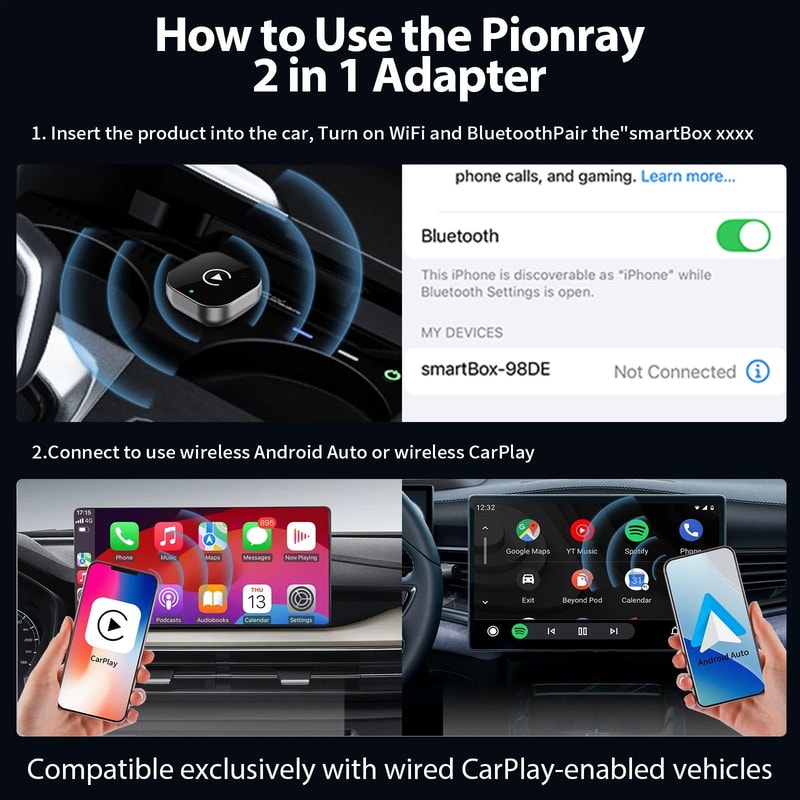 Pionray 2 In 1 Wireless CarPlay Adapter And Android Auto Wireless Adapter 7